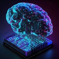 On voit un cerveau connecté à une puce électronique symbolisant l'intelligence artificielle