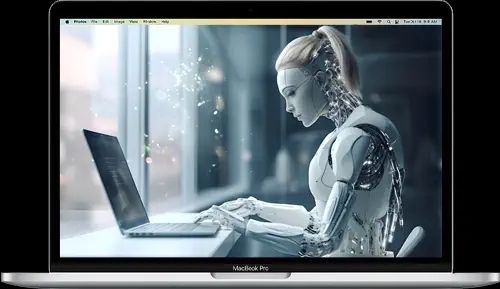 une femme robot entrain d'ecrire sur sur PC