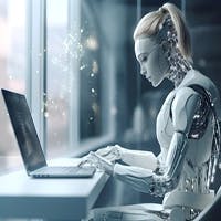Une femme robot derriere un laptop, l'IA matérialisé