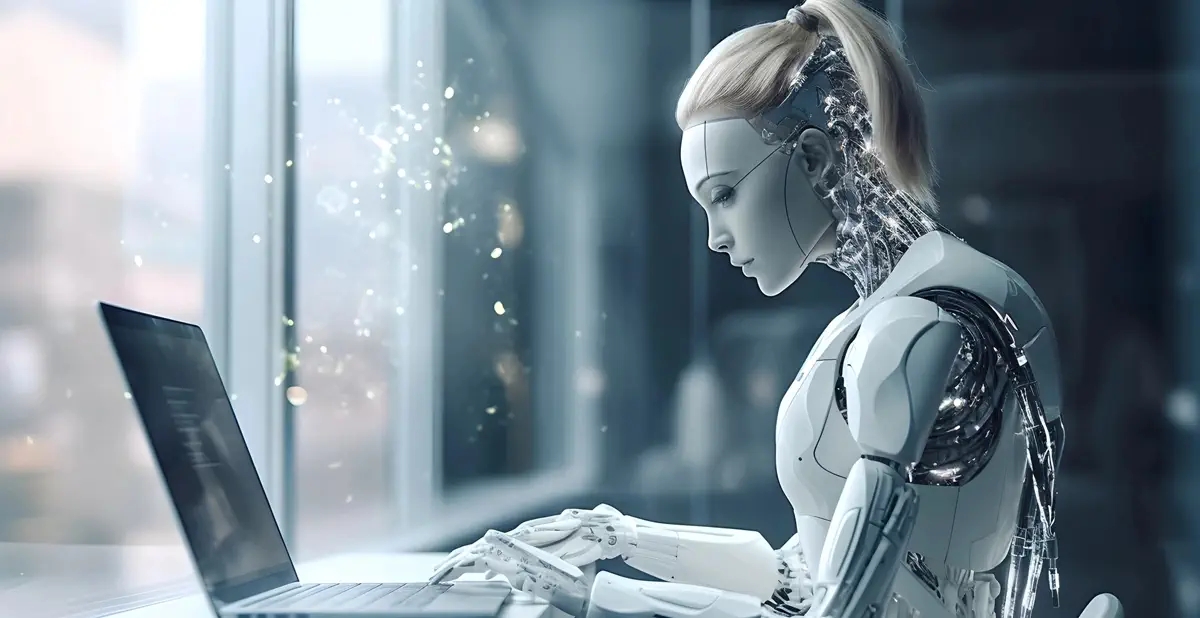 Femme robot assise derriere un pc portable representant l'IA de Chat GPT4