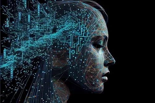 Un visage de femme connectée à l'IA